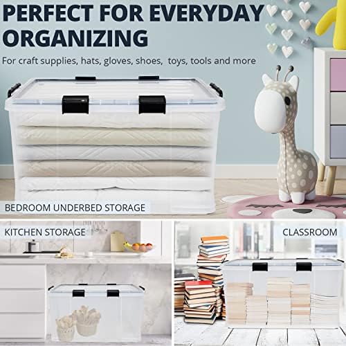 3-Pack Waterproof Plastic Storage Box, 90QT/85L Stackable Latch Box Durable Multi-Purpose Locking Bin with Lid and Black Clips for Bedding, Toys, Shoes and Clothes