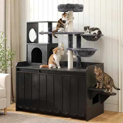 50.6 Inch Cat Tree with Litter Box Enclosure and Storage, Black | Hidden Litter Box Cabinet with Multi-Level Platforms, Dual Hammocks, Sisal Scratching Posts, Condo and Top Perch for Play