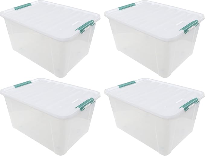 85 Qt Clear Plastic Storage Bins with Latching Lids, 4-Pack | Stackable Heavy-Duty Storage Containers, Rolling Storage Box for Holiday Decor, Garage, Closet, Kitchen Organization