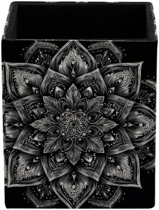 Mandala Pen Holder for Desk Decor, Rectangular PVC Leather Pencil Cup for Desk Pen Organizer, Makeup Brush Holder for School, Home, Office