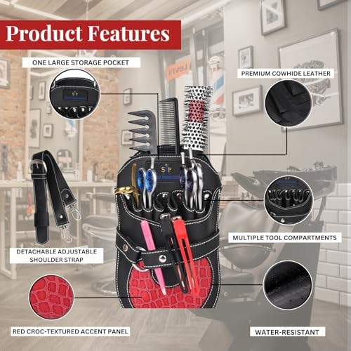 Shear Professional Leather Holster Scissor Pouch For Hair Stylist Tools Bag, Barber Hairdressing Organizer with Waist Shoulder Belt, Shear Hair Cutting Scissor Holder, Baber Accessories for Travelling