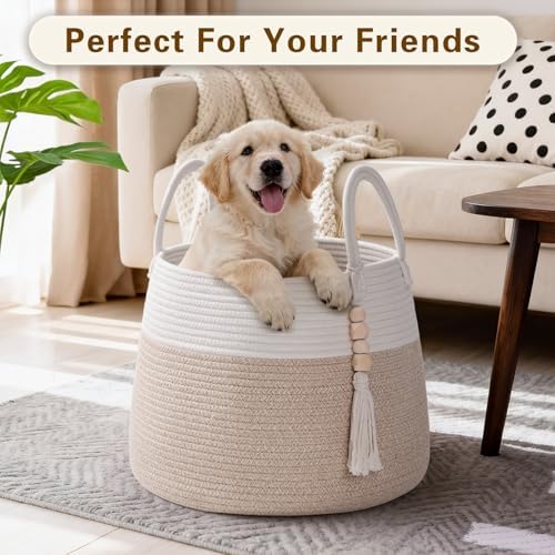 Large Nursery Hamper, 30L Blanket Basket with Handle, Baby Laundry Basket for Gift, Toy, Clothes, Woven Storage Basket with Wooden Bead Decor, Baby Hamper for Nursery (Black&Brown)