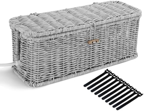 Cable Management Box, Desk Handwoven Rattan Cord Hider Cable Organizer Box With Lid Button Lock, Power Strip Cover Wicker Decorative Basket, Floor Wire Hiding Extension Cord Box (grey)