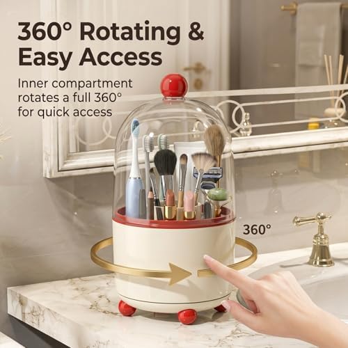 360°Rotating Toothbrush Holder with Cover, Dustproof Electric Toothbrush and Toothpaste Holder for Bathroom Countertop, 3 Slots Makeup Brush Organizer & Bathroom Storage (Red and White)