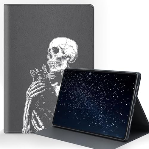 for Samsung Galaxy Tab S6 Lite 10.4" 2020/2022/2024 (SM-P620/P625/P613/P619/P615/P610) Tablet Protective Cover with Adjustable Stand and Magnetic Auto Wake/Sleep,Skeleton Holding Black Cat