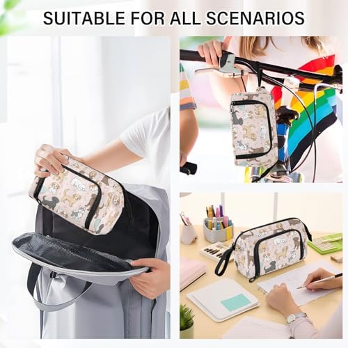 Emelivor Cute Pets Dogs Pink Print Pencil Case Large Capacity Pencil Pouch Bag with Compartmens Pen Organizer Portable Stationery Bag for School Office Men Women Adults