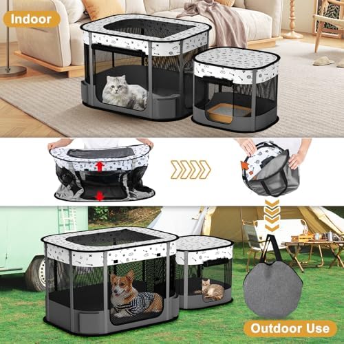 Portable Cat Playpen, 8-Rod Reinforced Kitten Dog Puppy Playpens, Foldable Play Pen for Indoor Cats Enclosed Pet Kitty Doggy Outdoor, Collapsible Tent Kennel Cage Corral