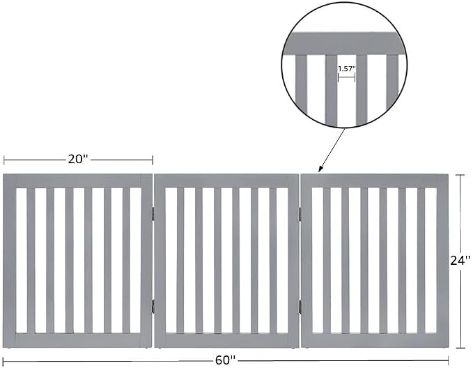 unipaws 24”H Free Standing Pet Gate for Dog Cat, 60”Wide Wooden Dog Gates | Foldable Pet Fence for Doorway, Stairs, Step, Expandable Doggy Barrier, Indoor Use