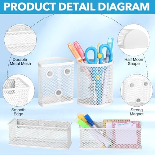 Weysat Set of 5 Magnetic Locker Accessories Mirror with 2 Magnetic Pen Holder and 2 Wire Mesh Storage Basket for Students Back to School Locker Organizer for School Office(White)