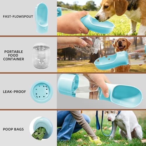 3-in-1 Portable Dog Water Bottle Leak Proof 14oz Blue | Pet Water Dispenser with Built-in Snack Storage, Waste Bag Holder, For Outdoor Walking, Hiking Travel