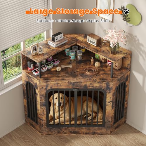 kepptory 46" Corner Dog Crate Furniture, Space Saving Wooden Dog Kennel with TV Stand & Side Table, 200 lbs Weight Capacity, Pet Cage with Secure Lock, Easy Assembly Indoor Crate