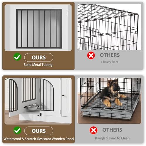 Garvee Multi-Functional Dog Crate Furniture, 37 Inch Wooden Dog Crate with Storage & 360° Rotating Bowls, Dog Kennel Furniture for Small to Large Breeds