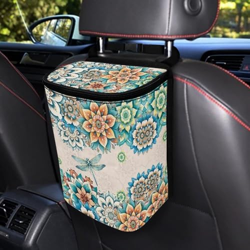 DISNIMO Boho Floral Dragonfly Car Trash Can, Car Garbage Bag Bin with Lid Hanging Waterproof Leak-Proof for Car Accessories Automotive Vehicle