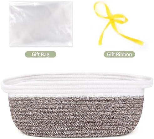 Empty Gift Basket to Fill with Handles, 12x8x5 inch - Wicker Rope Basket for Baby Shower, Kids Toys，Decorative Woven Bin for Man, Boys With Gift Bag & Ribbon,Resuable, White Brown