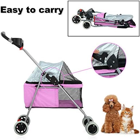 Meet Perfect Pet Stroller for Small/Medium Dogs & Cats, Pink, Foldable | Waterproof fabric helps protect pets during outdoor travel; Mesh panels provide ventilation and visibility.
