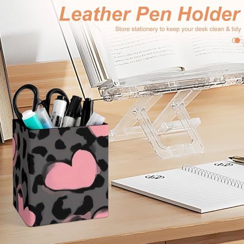 Fashion Leather Pen Holder Desktop Stationery Organizer Makeup Brush Cup Love Heart Dark Gray Black Leopard Cheetah Print