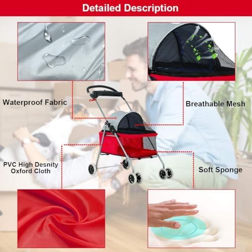 Stress Free Pet Stroller for Medium Small Dogs 4 Wheels Folding Portable Cat Dog with Cup Holders Removable Liner Easy to Carry(B)