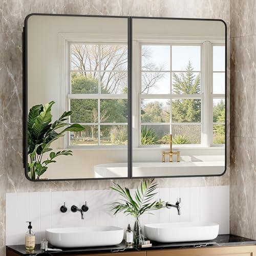 ACEMIRO 40x30 Inch Black Medicine Cabinet Mirror Metal Framed Recessed Bathroom Medicine Cabinets with Mirror and Storage Wall Mounted