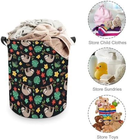 Large Laundry Hamper with Handles Floral Flowers Cute Branch Sloth, Collapsible Waterproof Basket for Clothing, Toys, and Home Storage Needs