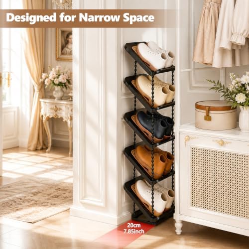 2 Pack Slanted Narrow Shoe Rack 5 Tiers, Slim Depth Vertical Shoe Shelf | Small Spaces Shoe Storage, Fits All Shoes & Boots Organizer, Free Standing, Tall, Sloping, Thin, Corner, Entryway, Ergonomic