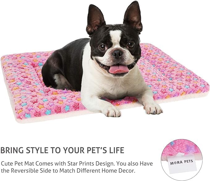 Mora Pets Dog Crate Pad Bed Ultra Soft Pet Mat Star Print Pink 29 x 21 Inch | Washable Crate Mat for Small Medium Large Dogs, Reversible Fleece Dog Crate Kennel Mat Flat Cat Bed Liner