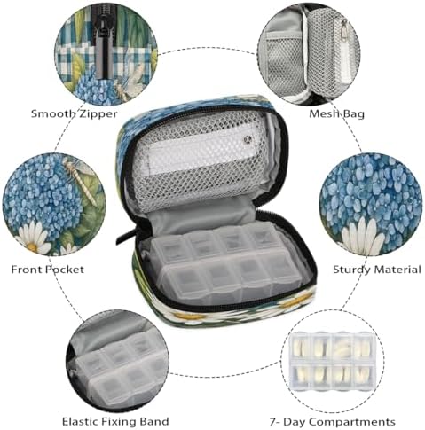 Pill Organizer Box Flowers Blue Plaid Dragonfly 7-Day Weekly Medicine Pill Case Travel Pill Container Portable Pill Holder Storage Purse Bag Small Compact Size for Vitamin Supplement Birth Control