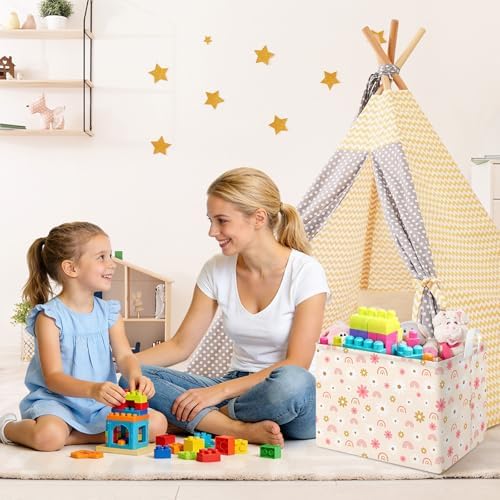 Collapsible Storage Basket Collapsible Fabric Laundry Basket with Handles | Spacious 15.7"×11.8"×11.8" size Folding Design Easy to Store Sturdy Fabric with Reinforced Handle Easy to Clean