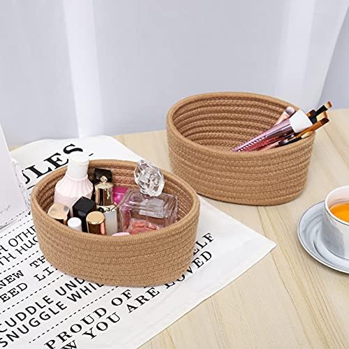 【2 Pack】ABenkle Small Woven Baskets, Tiny Oval Shallow Storage Baskets, Mini Cotton Rope Empty Decorative Basket, Boho Little Organizer Bins for Bathroom, Cat Dog Toy Gifts Baskets