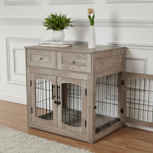 40'' Wooden Dog Crate Furniture, Farmhouse Dog Kennel Indoor Furniture Style Dogs Crate Table with 2 Drawers for Small, Medium & Large Dogs Grey