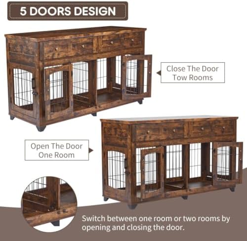 Large Dog Crate Furniture 58" with 2 Drawers & Divider | Heavy-Duty Wood Frame; Detachable Divider; Fits Two Dogs; Sturdy & Chew-Resistant; Easy Assembly; For Living Room Or Bedroom