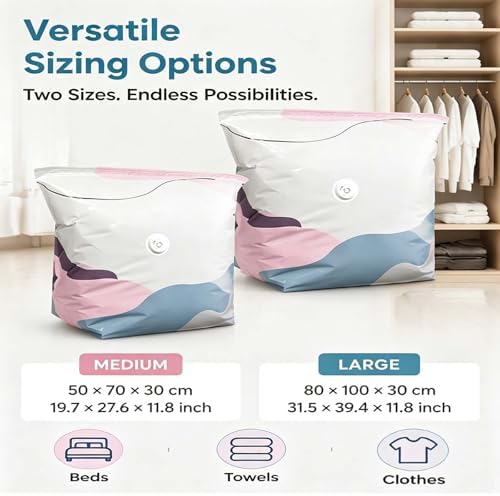 No Pump Vacuum Storage Bags, Heavy Duty Space Saver Compression Bags for Bulky Bedding, Comforters & Clothes, Easy Press and Seal Packing Bags for Closet, Dorm & Travel (2pcsM)