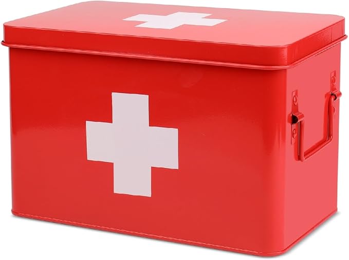Flexzion Large Metal First Aid Box Empty, 13-Inch, Red with White Cross | Vintage Medicine Box and First Aid Storage Organizer with Removable Tray and Dividers; Empty Box Only, Supplies Not Included