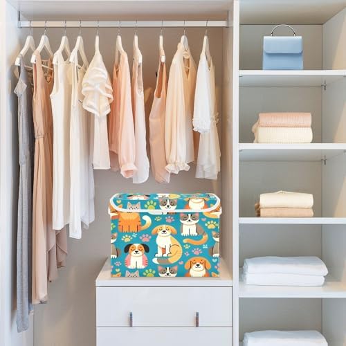 Dogs and Cats Storage Basket with Lid Collapsible Storage Bin Fabric Box Closet Organizer for Home Bedroom Office 1 Pack