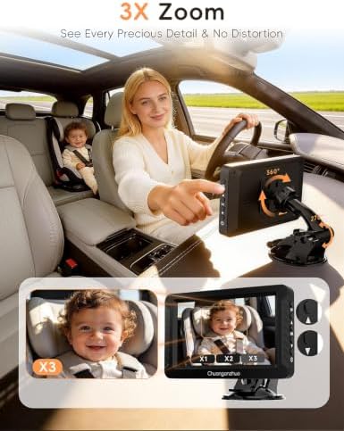 S100C Baby Car Camera USB Powered, Crystal Clear Auto IR Night Vision in Total Dark, Adjust Brightness & 1080P 5" IPS Monitor, 3X Zoom & 360° Rotating Backseat Camera for Rear or Forward-Facing Infant