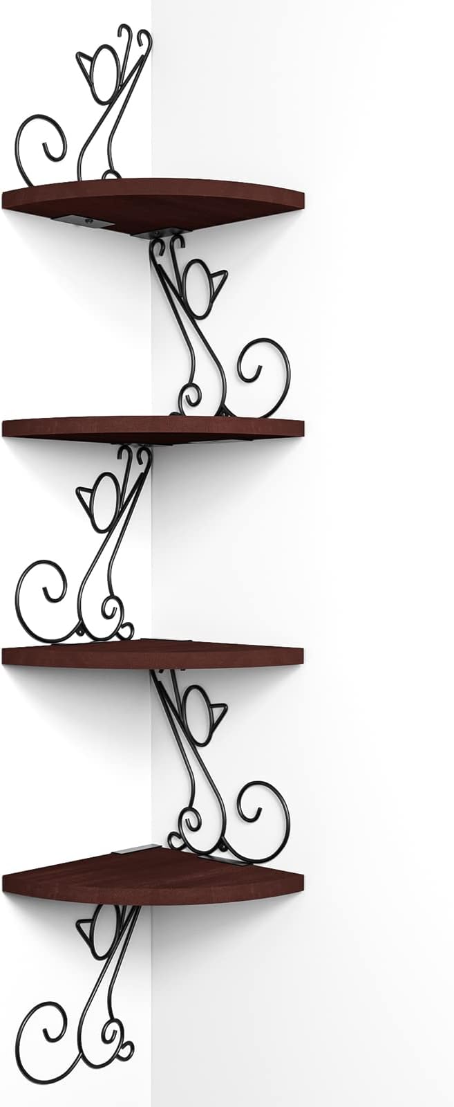 Alsonerbay 4-Tier Cat Shaped Corner Floating Shelf Wall Mount, Walnut | Curved solid wood, 35.2 lbs total capacity, reinforced metal bracket, rustic decor, for bedroom, living room & kitchen