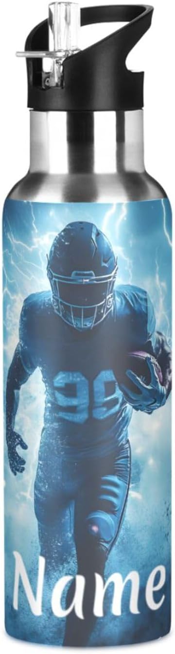 Custom Name American Football Player Lightning Water Bottle with Straw Lid Kids Insulated Stainless Steel Water Flask Sports, 20 Oz Hot Cold