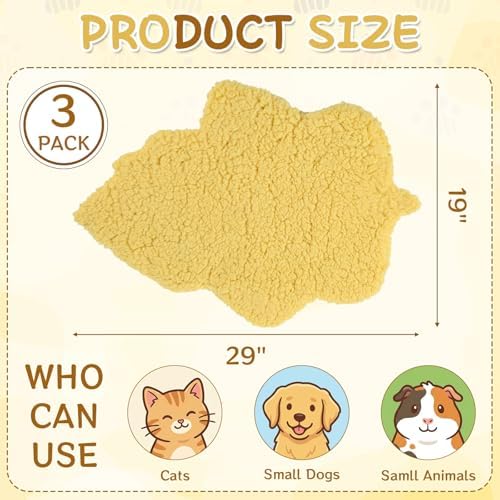 3 Pack Self Warming Pet Bed Leaf Shape Self Heating Cat Dog Mat Washable Thermal Sleeping Pad for Indoor Outdoor Hedgehog, Bunny, Sugar Glider, Rat, Chinchilla(Light Yellow,Large-19 x29)