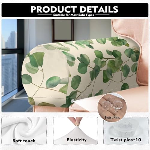 Armrest Covers for Sofa Green Leaf Couch Arm Covers Set of 2 Stretch Armchair Slipcovers for Recliner Protect and Decorate Your Sofa