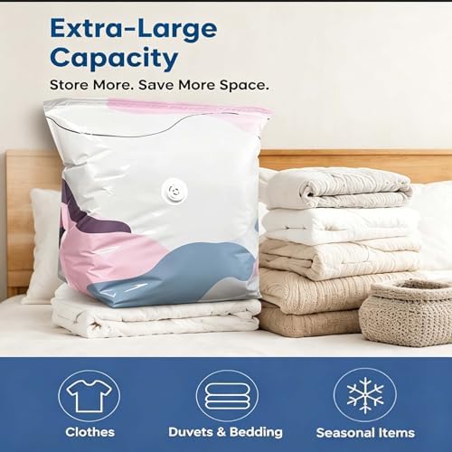 No Pump Vacuum Storage Bags, Heavy Duty Space Saver Compression Bags for Bulky Bedding, Comforters & Clothes, Easy Press and Seal Packing Bags for Closet, Dorm & Travel (2pcsXXL)