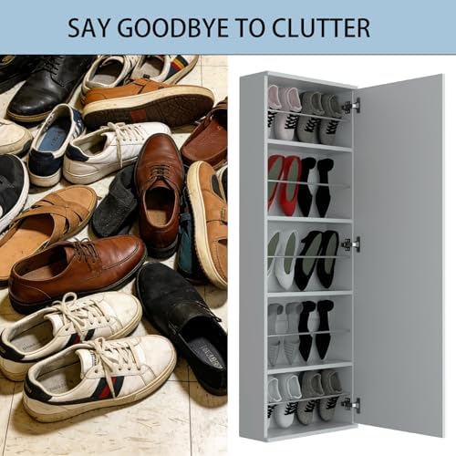Shoe Cabinet with Mirror Modern Black Mirrored Shoe Storage Cabinet 67" Tall 5-Tier Shelves Narrow Shoe Storage Cabinet for Entryway Space Saving Furniture (Wall-Mounted, Grey)