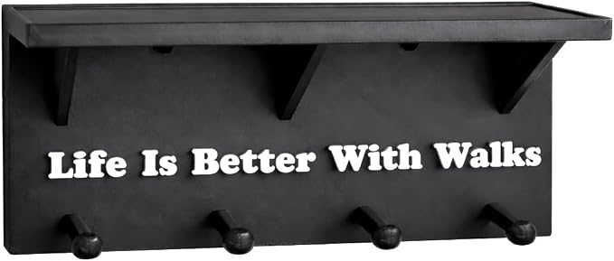 Dog Leash Holder for Wall with Shelf – 4 Hook Wall Mounted Organizer for Leashes, Harnesses & Accessories – “Life is Better with Walks” Entryway Pet Storage Rack