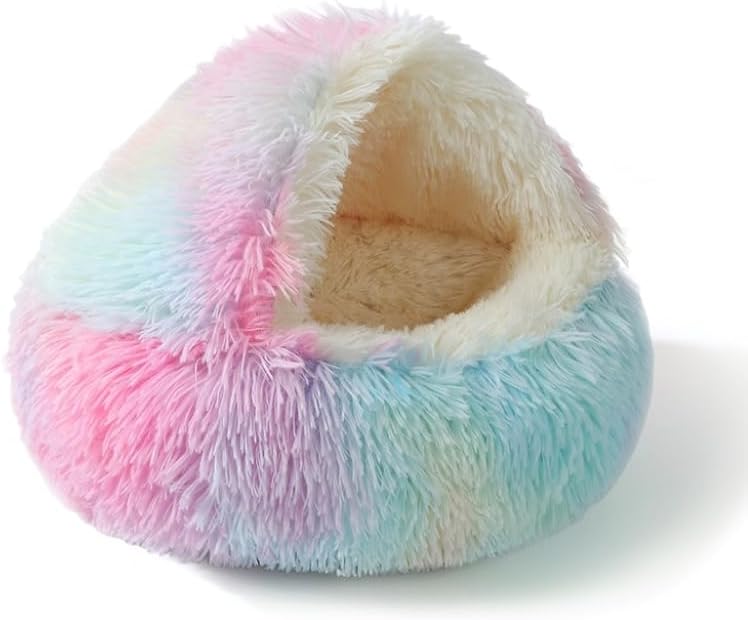 Round Fluffy Hooded Cat Bed Cave, Anti-Anxiety Cave Bed with Blanket | Hooded Cat Bed Cave, Cozy Cuddler Luxury Puppy Pet Bed, Anti-Slip Bottom and Machine Washable