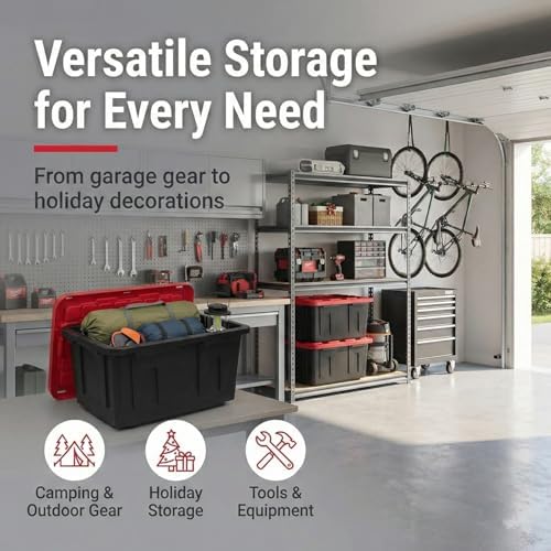 27 Gallon Heavy-Duty Storage Totes with Secure Snap Lids, 4-Pack Stackable Plastic Bins for Garage, Basement, Attic Organization - Black Base & Red Lid, Lockable Design for Indoor/Outdoor Use (4 PACK)