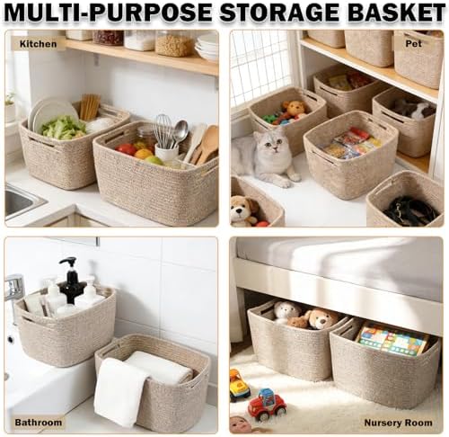 6 Pack Woven Rope Baskets, 12.6"×9"×7.8" Storage Bins, Brown | Storage Boxes for Toys, Books, Towels, Clothes, Shelf Baskets Organizer,Empty Gift Baskets for Living Room, Bathroom, Bedroom