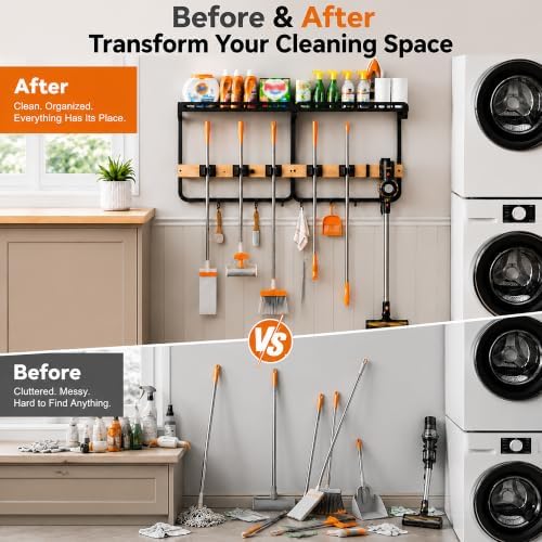 Mop and Broom Holder Wall Mount with Shelf,Vacuum holder,5 Grips,6 Hooks | 3-in-1 Cleaning Supply Wall Organizer,Top Shelf with Railing,Storage Rack for Laundry Utility Garages Kitchens,