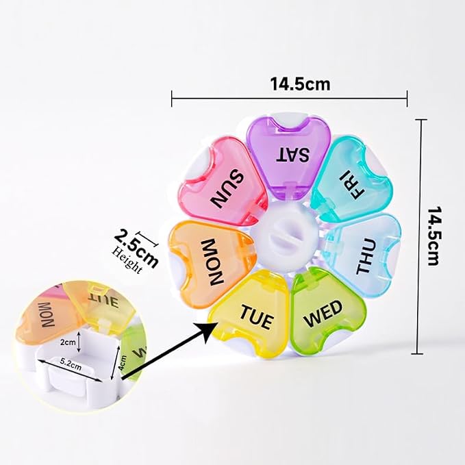 Portable Travel Size 7 Day Pill Box Case with Spring Open Design | Weekly Pill Organizer Daily Large Compartment Meds Container for Vitamins, Cod Liver Oil, Supplements, Fish Oil, Medication