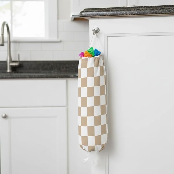 Plastic Bag Holder, Wall Mount Plastic Bag Organizer Dispenser Reusable Grocery Bag Organizer for Home Kitchen(Brown Checkered)