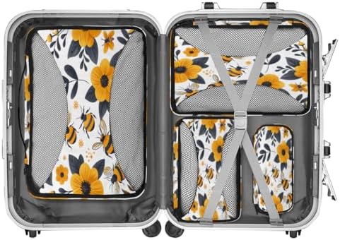 Bee 4 Set Packing Cubes Luggage Organizer Bags for Travel Accessories and Essentials, Yellow Floral