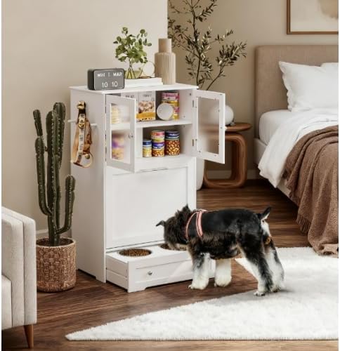 39'' Dog Feeding Station with Storage Cabinet, Wood Pet Storage Cabinet with Raised Bowls, Hidden Feeding Design, Controlled Feed Times
