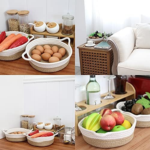 Sea Team 2-Pack Compact Woven Cotton Rope Storage Baskets, Flaxen | Knitted Decorative Organizer Bins with Handles, Portable Round Containers for Small Items, Keys, Makeup, Jewelry, Trinkets